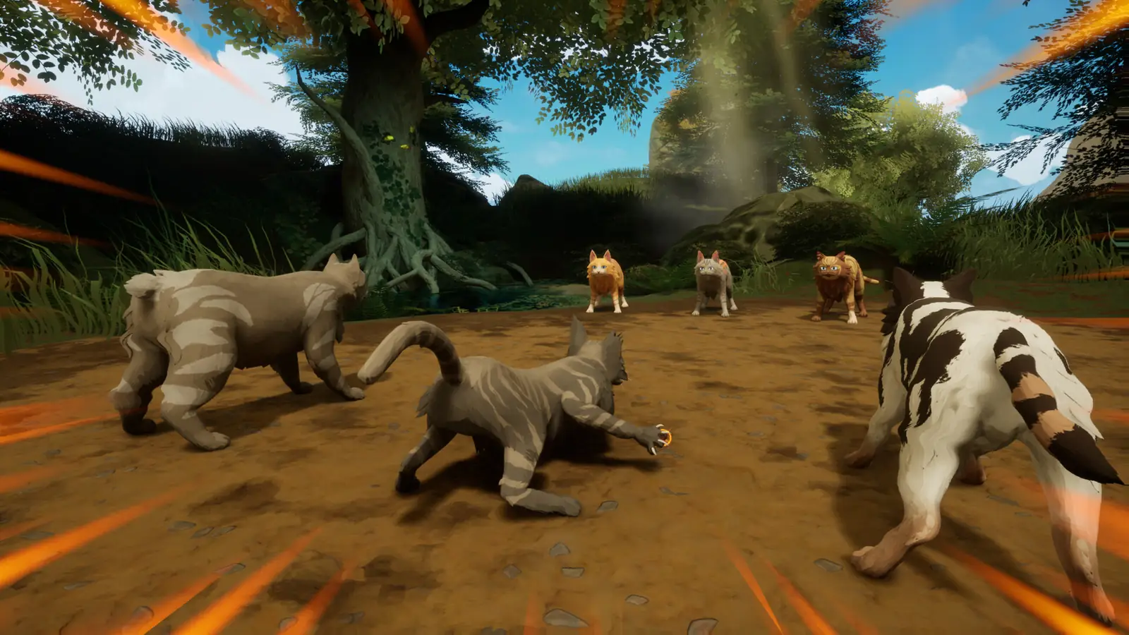 Several cats fighting in a forest camp with an orange slash effect