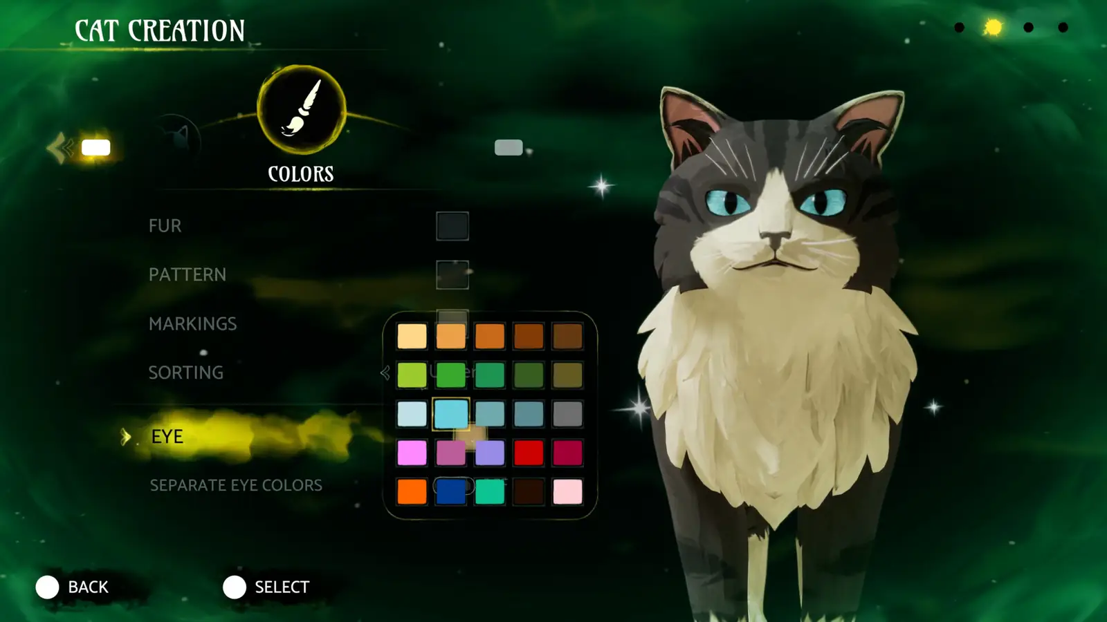 Cat Creation screen showing fur, pattern, markings, and eye colors