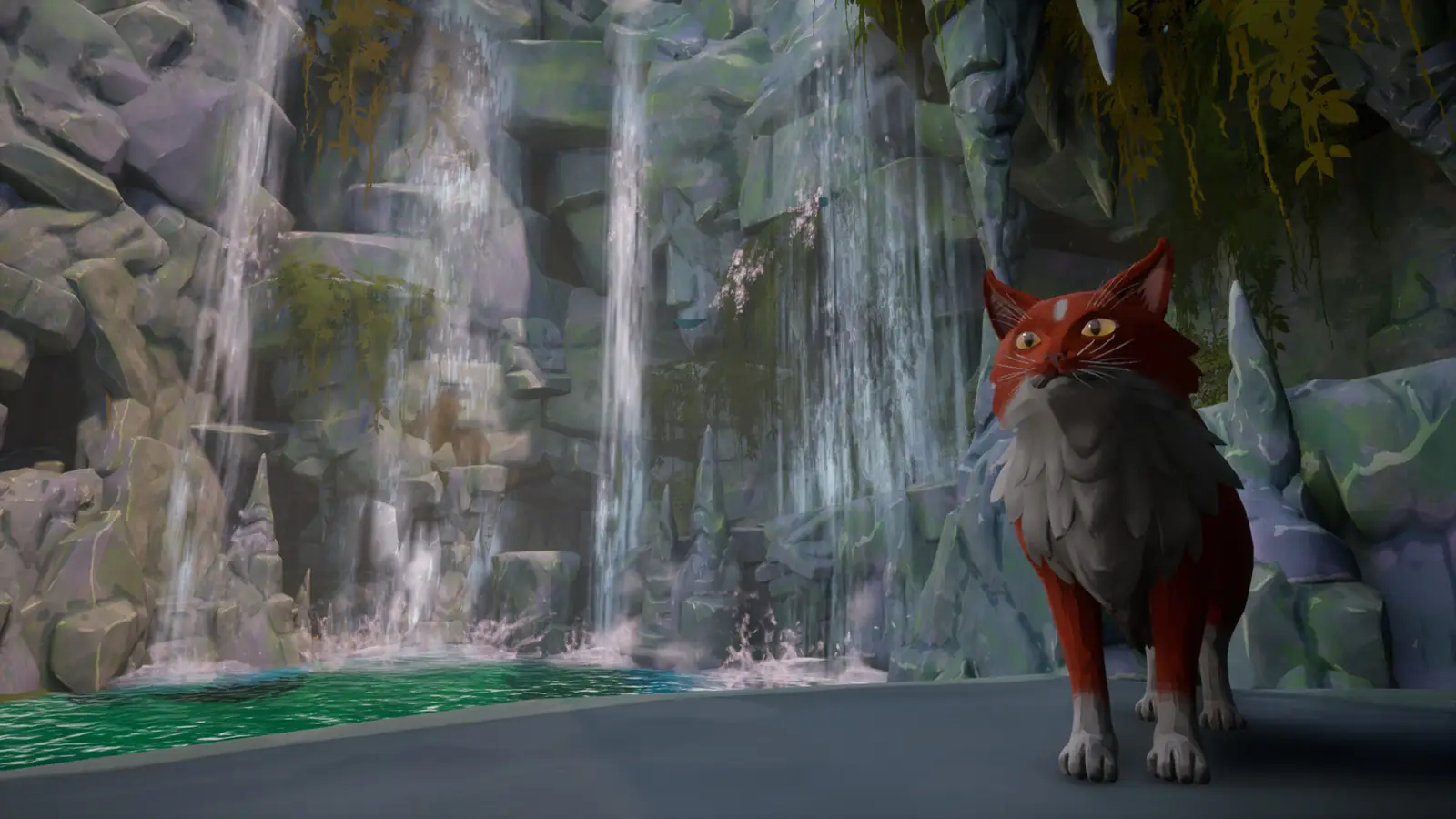 A cat facing a fox beside a waterfall and rock wall
