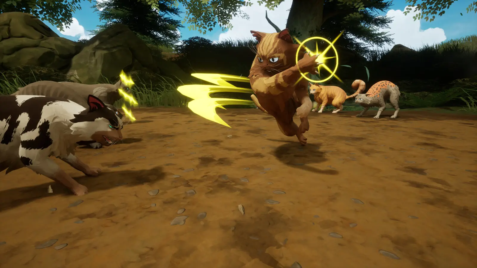 Turn-based battle interface with three cats facing a badger