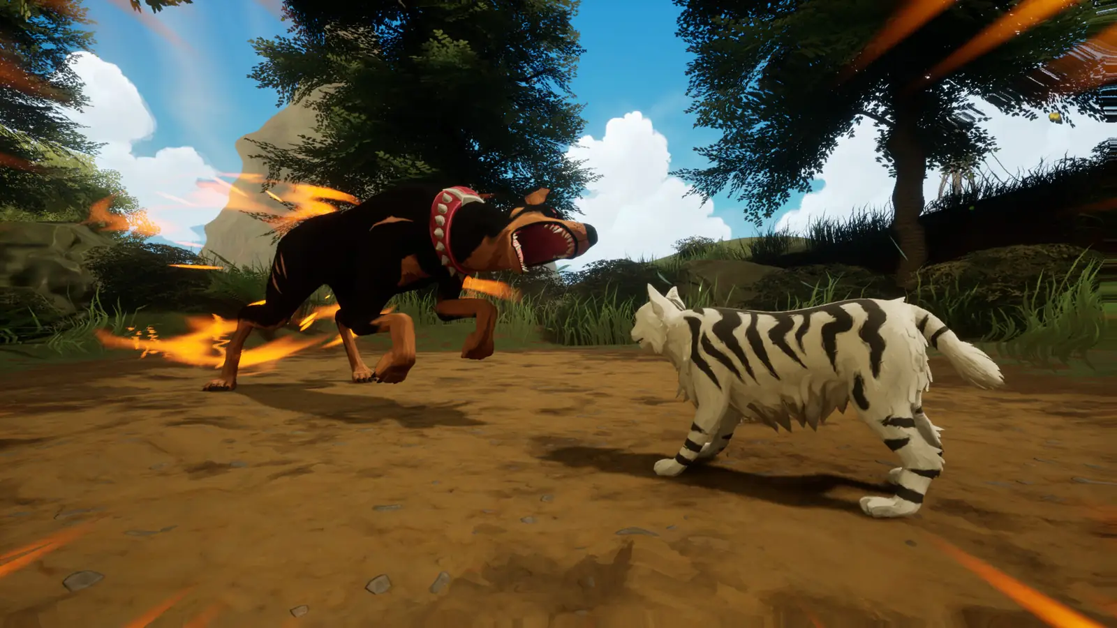 A cat fighting a Doberman with a flame effect